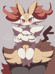3:4 absurd_res anthro big_breasts blush braixen breasts female fluffy fluffy_tail fur generation_6_pokemon hi_res nintendo nyaswitchnya pokemon pokemon_(species) red_eyes simple_background solo stick_in_tail tail yellow_body yellow_fur