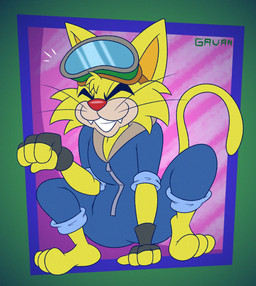 abstract_background anthro clothing crouching eyes_closed eyewear eyewear_on_head fangs fingerless_gloves fur gloves goggles goggles_on_head handwear jumpsuit male paw_pose pose red_nose sitting slightly_chubby solo teeth toony uniform yellow_body yellow_fur gavanzude nintendo warioware spitz_(warioware) domestic_cat felid feline felis mammal alternate_version_at_paywall digital_drawing_(artwork) digital_media_(artwork) hi_res signature