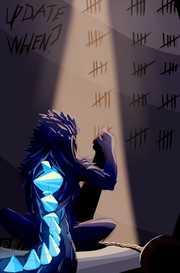 4_fingers ambiguous_gender anthro ball_and_chain blue_body blue_crystal blue_fur blue_hair blue_horn blue_spikes crystal crystal_horn drawing_(action) fingers fur hair holding_marker holding_object horn marker pseudo_horn sitting solo spikes spikes_(anatomy) tally_marks text turned_away writing_on_wall writing_utensil unknown_artist kaiju_paradise gootraxian kaiju kaiju_(kaiju_paradise) lizard reptile scalie digital_drawing_(artwork) digital_media_(artwork) english_text