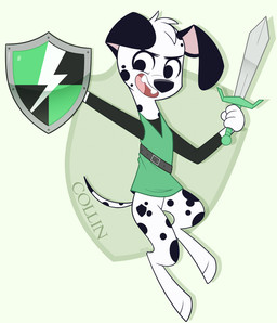 belt black_belt black_body black_clothing black_ears black_fur black_shirt black_spots black_topwear clothing feral floppy_ears fur green_clothing green_shirt green_topwear holding_melee_weapon holding_object holding_shield holding_sword holding_weapon male markings melee_weapon pink_inner_ear shield shirt solo spots spotted_body spotted_fur sword toony topwear weapon white_body white_fur higglytownhero 101_dalmatian_street 101_dalmatians disney collin_(tcgamerboy2002) fan_character canid canine canis dalmatian domestic_dog mammal