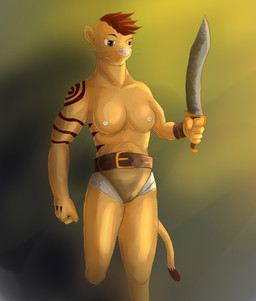amputee anthro belt breasts clothed clothing disability female mohawk nipples solo topless weapon bunnylace dara_(character) felid lion mammal pantherine hi_res