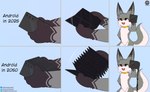 6_panel_comic anthro cellphone collar electronics fangs flip_phone fur fur_markings holding_object humor male markings open_mouth phone phone_call simple_background smartphone solo standing tail teeth text senz android_(os) google sean_(senz) iradeon absurd_res hi_res meme