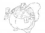 anthro beard belly big_belly clothed clothing costume facial_hair fur hammer holding_object holding_weapon male midriff moobs obese obese_anthro obese_male overweight overweight_anthro overweight_male solo standing thick_thighs tools weapon sugarboy marvel thor_(series) caligari thor_(marvel) mammal rodent sciurid tree_squirrel black_and_white hi_res monochrome