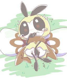 ambiguous_gender antennae_(anatomy) blush bodily_fluids covering covering_mouth covering_own_mouth covering_self female feral genital_fluids insect_wings looking_at_viewer lying on_back saliva shaking shivering solo stick_legs tears text thin_legs thin_thighs vaginal_fluids wings nettsuu nintendo pokemon arthropod generation_7_pokemon insect pokemon_(species) ribombee 2016 japanese_text
