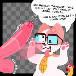 anthro duo eyewear female fur genitals glasses glistening glistening_body holidays male male/female orgasm_denial penis pink_body pink_fur pink_penis retracted_balls squirt_(sound_effect) text tongue tongue_out white_body white_fur hailey_png april_fools'_day april_the_fool_(acstlu) avian bird chicken domestic_cat felid feline felis galliform mammal phasianid 1:1 english_text hi_res