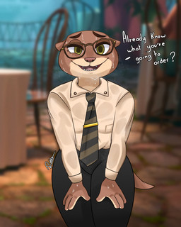 anthro asking asking_viewer blurred_background bodily_fluids clothed clothing dialogue female fur looking_at_viewer question solo sweat talking_to_viewer teeth teeth_showing text thick_thighs wet wet_clothing wide_hips yes-no_question rodd.y disney zootopia sam_(zootopia) mammal mustelid otter 4:5 absurd_res digital_media_(artwork) english_text hi_res