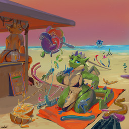 anthro beach big_penis bikini biped black_bikini black_bottomwear black_clothing black_swimwear black_topwear blue_eyes bottomwear breasts butt clothing duo ear_frill foreskin frill_(anatomy) genitals glans green_body green_tail gynomorph gynomorph_anthro half-erect humanoid_genitalia humanoid_penis ineffective_clothing intersex intersex_anthro kneeling male male_anthro membrane_(anatomy) membranous_wings mostly_nude orange_body orange_tail outside partially_retracted_foreskin penis public public_erection public_exposure scales swimwear tail tan_body tan_penis tan_scales tan_wings topwear two-piece_swimsuit wings oselotti mythology brokenwing oselotti_(character) domestic_cat dragon felid feline felis mammal mythological_creature mythological_scalie scalie 1:1 2025 absurd_res hi_res