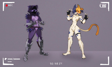 breasts camera_hud clothing duo female genitals gesture gloves hand_gesture handwear mostly_nude nude recording shy tattoo v_sign vulva sinnerbuns epic_games fortnite cate_meowdy raven_team_leader bear calico_cat domestic_cat felid feline felis mammal absurd_res hi_res