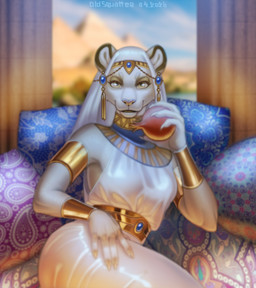 5_fingers accessory anthro bed bed_sheet bedding belt bracelet breasts clothed clothing column decoration detailed_background dress ear_piercing ear_ring ears_back egyptian egyptian_architecture egyptian_clothing egyptian_headdress female fingers fur furniture gem gold_(metal) gold_jewelry headgear jewelry light_body light_fur looking_at_viewer lying necklace on_bed piercing pillow pivoted_ears plant pomegranate print_pillow pyramid ring_piercing sapphire_(gem) smile solo text topwear usekh white_body old_squatter felid feline felis lion mammal pantherine absurd_res artist_name colored digital_drawing_(artwork) digital_media_(artwork) english_text hi_res shaded signature
