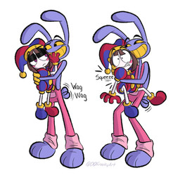 4_fingers annoyed anthro duo eye_contact female fingers half-closed_eyes hug larger_male lifting_partner looking_at_another male narrowed_eyes size_difference smaller_female smile smug_grin surprised tail tail_motion tailwag tight_hug ddfreakyart glitch_productions the_amazing_digital_circus jax_(tadc) pomni_(tadc) humanoid lagomorph leporid mammal rabbit 1:1 hi_res