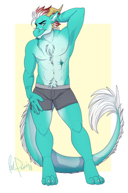 boxers_(clothing) clothing eyewear glasses hand_behind_head horn male pose scar solo tail tail_tuft tuft underwear redpixie mythology sanborn dragon mythological_creature mythological_scalie scalie 2018 absurd_res full-length_portrait hi_res portrait
