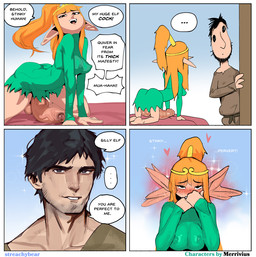 balls beard bed belt big_nose big_penis black_beard black_eyebrows black_eyes black_facial_hair black_hair blush breasts brown_clothing brown_shirt brown_topwear butt clothing crown dialogue dress duo ear_blush ear_wag erect_nipples eyebrows facial_hair foreskin furniture genitals green_clothing green_dress gynomorph hair headgear humanoid_genitalia humanoid_penis humanoid_pointy_ears intersex kneeling light_body light_skin long_ears long_hair male nipple_outline nipples orange_hair penis pointy_ears ponytail rope rope_belt shirt short_hair simple_eyes small_waist speech_bubble tan_body tan_skin text thick_thighs tiara topwear streachybear elf_comic elf_(merrivius) human_(merrivius) elf human mammal comic english_text