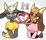 anthro breasts brown_body brown_fur clothing duo female feral floppy_ears fur grey_body grey_fur heart_symbol horizontal_pupils horn long_ears long_tongue lop_ears pink_clothing pink_shirt pink_topwear pupils scut_tail shirt short_tail simple_background t-shirt tail tongue tongue_out topwear yellow_clothing yellow_eyes yellow_shirt yellow_topwear krinjuicy coffee_stain_studios goat_simulator pilgor_(goat_simulator) bovid caprine goat mammal 2024 hi_res reference_image signature