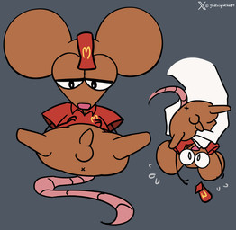 balls brown_body brown_fur clothing feral fur genitals holding_another lying male on_back penis presenting shirt simple_background size_difference solo stick_arms tail topwear godforgiveme4 mcdonald's grifvoid hi_res watermark