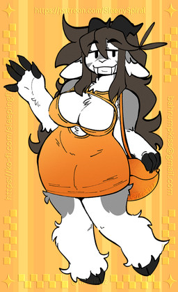 abstract_background anthro breasts chest_tuft cleavage clothed clothing dress fangs female female_anthro fluffy fur gesture grey_body grey_fur hair hooves horn huge_hips huge_thighs long_hair simple_background solo teeth text thick_thighs tuft waving wide_hips yellow_background tiredfizz bups bovid caprine goat mammal 2025 url