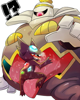 1_eye 3_fingers 3_toes 4_fingers ambiguous/ambiguous ambiguous_gender belly_mouth big_tongue black_body black_sclera blue_eyes bodily_fluids breath confusion duo feet fingers french_kissing frill_(anatomy) gem gem_eyes glowing glowing_eyes grey_body hug humanoid_on_humanoid interrobang kissing leaning leaning_backward licking looking_at_another looking_down looking_pleasured membrane_(anatomy) membranous_frill multicolored_body neck_frill nude on_tongue open_mouth open_smile panting pink_tongue purple_body red_eyes saliva sharp_teeth simple_background size_difference smile straddling suggestive surprised sweat sweatdrop teeth toes tongue tongue_out toony white_background yellow_body bakudanarare nintendo pokemon dusknoir generation_3_pokemon generation_4_pokemon ghost humanoid imp pokemon_(species) sableye spirit 2017
