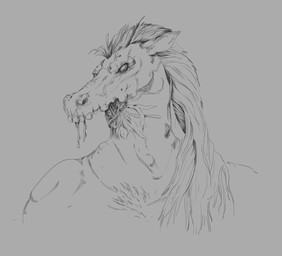 ambiguous_gender anthro bone empty_eyes hair long_hair missing_jaw muscular pointy_ears rotting rotting_flesh simple_background skull snout solo vein ruffu philippine_mythology equid mammal tikbalang bust_portrait digital_drawing_(artwork) digital_media_(artwork) monochrome portrait sketch
