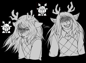 anthro antlers black_background buckteeth clothed clothing crazy_eyes eyelashes female female_anthro freckles front_view fully_clothed grin hair horn inner_ear_fluff long_hair looking_at_viewer reference_inset simple_background smile snowgrave solo teeth topwear tuft vest thesnowflake18 deltarune undertale_(series) noelle_holiday deer mammal new_world_deer reindeer 2026 digital_drawing_(artwork) digital_media_(artwork) expression_sheet greyscale half-length_portrait hi_res monochrome multiple_images portrait reference_image signature