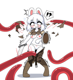 anthro assisted_undressing belt blush boots bottomwear breasts clenched_teeth clothing embarrassed female footwear forced forced_exposure fur knock-kneed medium_breasts melee_weapon nipples panties pants red_eyes shaking shield shoes solo sword teeth tentacles torn_clothing trembling underwear weapon white_body white_fur potatobud3 adventurer_(potatobud3) aquatic cephalopod coleoid lagomorph leporid mammal mollusk octopodiform octopus rabbit hi_res