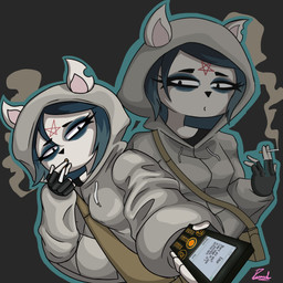 anthro cellphone cigarette clothed clothing cosplay electronics female hair jacket looking_at_viewer occult_symbol pentagram phone simple_background smoking smoking_cigarette solo symbol topwear unknown_artist cartoon_hangover cry_of_fear the_summoning claire_(the_summoning) simon_henriksson domestic_cat felid feline felis mammal 1:1 hi_res