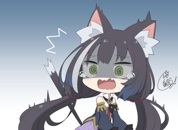 black_body black_fur black_hair chibi clothing female fur green_eyes hair long_hair simple_background solo beni_shake cygames princess_connect! princess_connect!_re:dive karyl_(princess_connect!) animal_humanoid cat_humanoid felid felid_humanoid feline feline_humanoid humanoid mammal mammal_humanoid