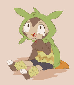ambiguous_gender anthro blood bodily_fluids bottomwear clothed clothing crying long_sleeves nosebleed shirt shorts simple_background sitting solo sweat tears topwear young young_anthro lynxfurr movieunleashers nintendo pokemon starters_(movieunleashers) chespin_(starters) chespin generation_6_pokemon mammal pokemon_(species) digital_media_(artwork) hi_res