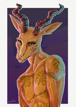 anthro biceps fur horn looking_at_viewer male pecs simple_background solo tattoo lirium_chevalier beastars melon_(beastars) antelope bovid felid gazelle hybrid leopard mammal pantherine digital_media_(artwork) hi_res