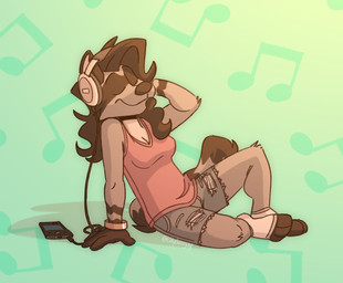 3_toes 4_fingers abstract_background anthro bangle bent_legs biped bottomwear breasts brown_body brown_fur brown_nose brown_tail cleavage clothed clothing electronics eyebrows eyes_closed facial_markings feet female fingers footwear fully_clothed fur gloves_(marking) green_background grey_body grey_bottomwear grey_clothing grey_fur grey_shorts grey_tail hair hand_on_ground hand_on_head head_markings headphones jewelry leg_markings listening_to_music markings mask_(marking) multicolored_body multicolored_fur musical_note musical_symbol on_ground pink_clothing pink_shirt pink_tank_top pink_topwear plantigrade portable_music_player ring_(marking) ringed_tail shadow shirt shorts simple_background smile socks socks_(marking) solo striped_markings striped_tail stripes symbol tail tail_markings tank_top toeless_footwear toeless_socks toes topwear torn_bottomwear torn_clothing torn_shorts two_tone_body two_tone_fur two_tone_tail white_clothing white_footwear white_socks tinydeerguy riley_(tinydeerguy) mammal procyonid raccoon 2022 digital_media_(artwork) hi_res