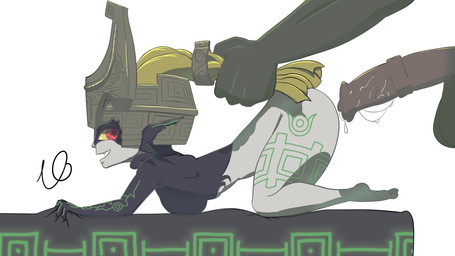 animal_genitalia animal_penis big_penis blonde_hair bodily_fluids breast_squish breasts clothing doggystyle duo equine_genitalia equine_penis female from_behind_position fused_shadow genital_fluids genitals grabbing_sheets green_body green_skin hair headgear headwear huge_penis kneeling looking_back male male/female markings mattress medium_breasts penetration penis ponytail pulling_hair sex shortstack simple_background size_difference smaller_penetrated squish touching_hair vaginal_fluids unseenbehaviour nintendo the_legend_of_zelda twilight_princess ganondorf midna gerudo imp twili 16:9 hi_res widescreen