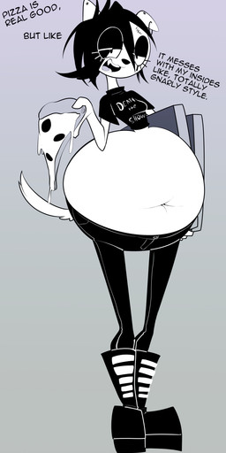 alternative_fashion anthro belly big_belly deep_navel female food goth grey_background holding_food holding_object huge_belly navel pizza pizza_slice simple_background solo text princecoffeecakes pizza_dog_(maddeku) canid canine canis domestic_dog mammal absurd_res english_text hi_res