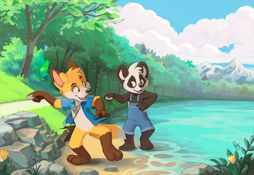 anthro arm_tuft black_body black_fur black_nose blue_clothing blue_overalls blue_sky blue_topwear bottomless brown_body brown_fur cheek_tuft clothed clothing cloud duo elbow_tuft facial_tuft fangs featureless_crotch front_view fur glistening glistening_eyes gloves_(marking) grass green_eyes head_tuft holding_rock jewelry leg_markings logo male male_anthro markings necklace open_clothing open_mouth open_smile open_topwear overalls plant red_tongue sky smile socks_(marking) standing teeth tongue topwear tree tuft water white_body white_fur yellow_body yellow_fur young young_anthro young_male pandapaco parinton bear canid canine giant_panda mammal artist_logo signature