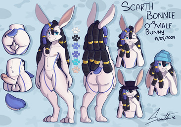 anthro beads beanie blue_eyes butt clothing dreadlocks femboy genitals hat headgear headwear male penis solo tail text scarth_bonnie scarth lagomorph leporid mammal rabbit absurd_res english_text hi_res model_sheet