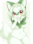 abstract_background anthro anthrofied big_ears big_eyes blush breasts chest_tuft eyelashes featureless_breasts featureless_crotch female fluffy green_body green_hair hair kemono looking_at_viewer navel nude pokemorph red_eyes solo tongue tongue_out translucent translucent_hair tuft kuzuyu nintendo pokemon felid feline generation_9_pokemon mammal pokemon_(species) sprigatito hi_res