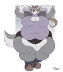 anthro belly big_belly big_breasts bottomwear breasts brown_hair clothing female flexing flexing_bicep flexing_both_biceps footwear fur grey_body grey_fur hair multicolored_body multicolored_fur obese obese_anthro obese_female overweight overweight_anthro overweight_female shoes shorts socks solo text two_tone_body two_tone_fur dedoarts sophia_(xxsparcoxx) canid canine canis mammal wolf 2022 artist_name digital_media_(artwork) hi_res