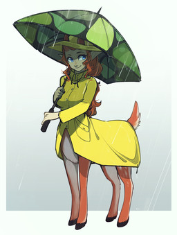 2_horns black_hooves blue_eyes breasts brown_horn closed_smile clothed clothed_female clothed_taur clothing coat countershade_fur countershade_torso countershading female female_taur fur furgonomic_headwear furgonomic_topwear furgonomics gradient_background hair head_horn holding_object holding_umbrella hooves horn humanoid_pointy_ears leaf_pattern long_hair looking_aside looking_away markings medium_breasts mouth_closed orange_hair pointy_ears quadruped raincoat raining scut_tail short_tail simple_background slim_female slim_taur smile solo spots spotted_body spotted_fur standing tail tan_body tan_fur topwear umbrella water_drop yellow_raincoat rikokyu dota valve aiushtha_the_enchantress deer deer_taur mammal mammal_taur taur 2025 digital_media_(artwork) full-length_portrait hi_res portrait