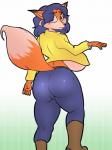 anthro big_breasts big_butt blue_hair boots breasts butt camel_toe clothed clothing dipstick_tail female footwear fur hair huge_breasts jacket markings multicolored_tail orange_body orange_fur shoes simple_background solo tail tail_markings topwear under_boob tgtf234 sly_cooper_(series) sony_corporation sony_interactive_entertainment sucker_punch_productions carmelita_fox canid canine fox mammal 3:4 hi_res