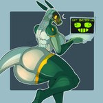 anthro big_butt blush breasts butt canid canine canis clothing computer domestic_dog electronics female green_body henry_dawg hi_res laptop legwear machine mammal orange_eyes robot screen screen_face simple_background solo stockings surprised_expression tail thick_thighs