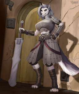 5_fingers anthro armor big_breasts black_body breasts female fingers fur melee_weapon multicolored_body multicolored_fur nipples piercing red_sclera samurai solo sword tail tall translucent translucent_armor two_tone_body two_tone_fur warrior weapon white_body white_fur mansilite hellaverse helluva_boss kenshi mythology loona_(helluva_boss) canid canid_demon canine demon hellhound mammal mythological_canine mythological_creature hi_res
