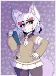 animal_ears border bottomwear clothed clothed_female clothed_humanoid clothing ellipsis eye_through_hair eyebrows female female_humanoid fingers flat_chested front_view hair hand_on_hip holding_object inner_ear_fluff legwear light_body light_skin necktie purple_border raised_eyebrow school_uniform skirt solo sweater tail topwear translucent translucent_hair tuft uniform white_bottomwear white_clothing white_ears white_hair white_inner_ear_fluff white_necktie white_skirt marysquid phase_connect phase_origins vtuber tenma_maemi animal_humanoid canid canid_humanoid canine canine_humanoid fox_humanoid humanoid kanpainiki_(tenma) mammal mammal_humanoid 2024 absurd_res digital_drawing_(artwork) digital_media_(artwork) hi_res portrait three-quarter_portrait