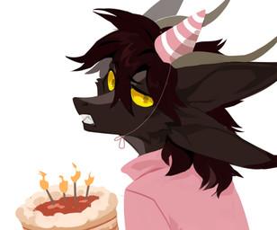anthro brown_body brown_fur brown_hair cake cheek_tuft clothed clothing dessert facial_tuft female food fur glistening glistening_eyes grey_horn hair hat headgear headwear horn looking_at_viewer party_hat pink_clothing pink_topwear simple_background solo teeth topwear tuft unsigned white_background corzh77 mythology dragon furred_dragon furred_scalie mythological_creature mythological_scalie scalie absurd_res bust_portrait hi_res portrait