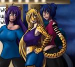 amber_eyes anthro big_breasts black_stripes blonde_hair blue_eyes blue_hair bottomwear breasts brown_eyes clothed clothing facial_markings female fur group hair head_markings huge_breasts long_hair looking_at_viewer markings open_mouth orange_body orange_fur purple_hair shirt shorts smile spots stripes topwear white_body white_fur yellow_body yellow_fur sageofotherworlds yosh!_comics blue_(yosh) kate_summers mihari animal_humanoid cat_humanoid cheetah domestic_cat felid felid_humanoid feline feline_humanoid felis human humanoid mammal mammal_humanoid hi_res