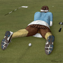 anthro bodily_fluids bottomwear clothed clothing feathers female flag footwear genital_fluids genitals golf golf_club golf_hole grass hair hair_bun hat headgear headwear lying no_underwear on_front outside plant shirt shoes skirt sneakers solo sport topwear upskirt visor_cap vulva allfather accipitrid accipitriform avian bird eagle 1:1 2020 digital_media_(artwork) hi_res