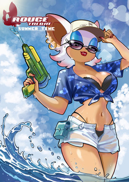 5_fingers anthro baseball_cap big_breasts big_ears black_bra black_clothing black_nose black_thong black_underwear blue_eyeshadow bottomwear bra breasts cleavage clothed clothing cloud colored_nails ear_piercing ear_ring eyeshadow eyewear female fingers floral_print hair hat headgear headwear holding_object holding_toy holding_toy_gun holding_water_gun lipstick looking_at_viewer makeup midriff nails narrowed_eyes navel outside partially_submerged piercing pouch_(clothing) red_lipstick red_nails ring_piercing shirt short_hair shorts sky smile solo standing standing_in_water sunglasses text thong topwear toy toy_gun underwear water water_gun wearing_sunglasses wet white_bottomwear white_clothing white_hair white_shorts nuthename sega sonic_the_hedgehog_(series) rouge_the_bat bat mammal 2026 english_text hi_res
