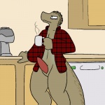 anthro beverage casual_exposure clothed clothing coffee coffee_mug container cup erection flat_texture food genitals holding_container holding_cup holding_object male morning_wood partially_clothed pattern_clothing pattern_shirt pattern_topwear penis plaid plaid_clothing plaid_shirt plaid_topwear shirt solo tired topwear trout_(artist) trout_(character) lizard phrynosomatid reptile scalie spiny_lizard western_fence_lizard 1:1 2016