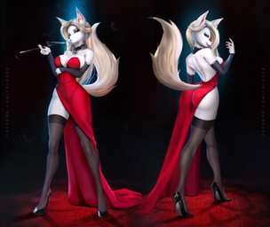 5_fingers anthro big_breasts black_nose blonde_hair breasts butt cigarette cigarette_holder cleavage clothed clothing dress eyelashes eyeshadow fangs female fingers footwear fur furgonomics hair half-closed_eyes high_heels inner_ear_fluff legwear long_hair looking_at_viewer makeup narrowed_eyes red_clothing red_dress shoes sleeves smile smoke smoking solo standing stockings teeth text thigh_highs tuft white_body white_fur felox08 canid mammal 2023 artist_name url