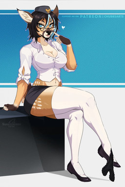 anthro biped black_clothing black_hair black_panties black_underwear bottomwear breasts brown_body clothed clothing clothing_around_one_leg crossed_legs female hair hat headgear headwear legwear miniskirt multicolored_body panties panties_around_one_leg panties_down partially_clothed shirt sitting skirt solo thick_thighs thigh_highs topwear underwear underwear_around_one_leg underwear_down white_clothing sweet_chubbs deer mammal hi_res