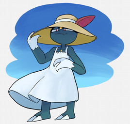 2_claws 2_toes abstract_background ambiguous_anthro ambiguous_gender anthro arms_bent barefoot biped chest_gem claws closed_smile clothed clothed_ambiguous clothed_anthro clothing collarbone cute_fangs dress eyelashes fangs feet forehead_gem fully_clothed fully_clothed_ambiguous fully_clothed_anthro furgonomic_hat furgonomic_headwear furgonomics gem glistening glistening_eyes gloves_(marking) grey_body half-closed_eyes hat headgear headwear holding_clothing holding_hat holding_headgear holding_headwear holding_object markings monotone_clothing monotone_dress mouth_closed multicolored_body narrowed_eyes no_sclera plantigrade pupils red_pupils smile solo standing sun_hat sundress teeth three-quarter_view toe_claws toes two_tone_body white_body white_claws white_clothing white_dress white_eyes 4chan_anon unknown_artist nintendo pokemon generation_2_pokemon pokemon_(species) sneasel 2023 digital_media_(artwork) full-length_portrait hi_res portrait shaded soft_shading