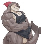 2_penises anthro balls big_arms bulge clothed clothing diphallism erection erection_under_clothing eyes_closed flexing flexing_bicep genitals gills glans grey_body horizontal_diphallism horizontal_diphallism_bulge humanoid_genitalia humanoid_penis male multi_genitalia multi_penis muscular muscular_male pecs penis pink_body sharp_teeth shirt smile solo tail tank_top teeth thick_neck thick_tail topwear imato husky_(husky92) fish marine shark hi_res