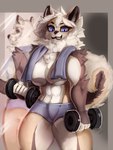 anthro blue_eyes bottomwear breasts clothing female holding_weights looking_at_viewer mirror muscular muscular_female nipples shorts smile solo towel towel_around_neck weights general-irrelevant ingrid_(extremedash) alaskan_malamute canid canine canis domestic_dog mammal nordic_sled_dog spitz 3:4 hi_res