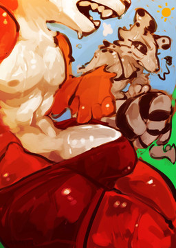 anthro bodily_fluids bottomwear bra breath clothed clothing duo female fur genitals glistening glistening_body glistening_genitalia grass legwear male markings navel nipples open_mouth pants partially_clothed pecs penis plant spots spotted_body spotted_fur stockings sun sweat sweatdrop teeth underwear chompingbit canid canine canis dalmatian domestic_dog fox mammal absurd_res hi_res